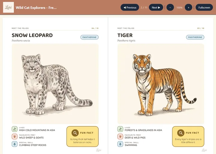 Doble página de flipbook con fichas ilustradas sobre el leopardo de las nieves y el tigre